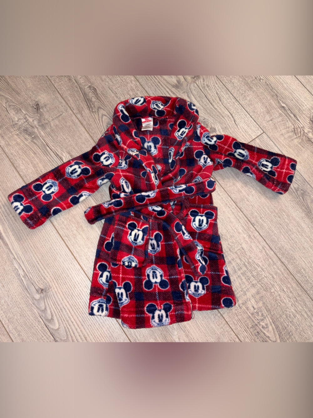 Kids Red Plaid Fleece Robe with Mickey Mouse Print - Cozy Hooded Bathrobe